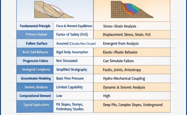 What are the key differences between kinematic, limit equilibrium, and numerical slope stability analyses in mining?