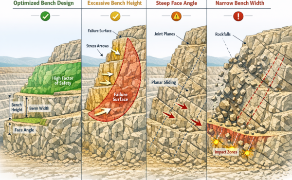 What role does bench configuration (height, width, and face angle) play in controlling slope failure mechanisms?
