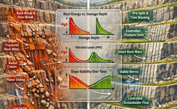How does blast-induced damage impact long-term slope stability, and how can it be minimized?