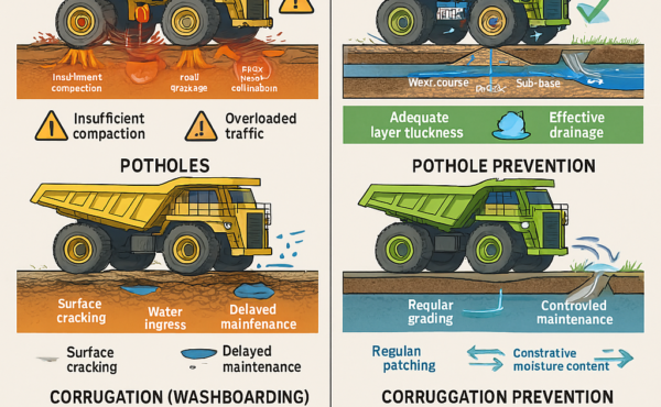 What are the most common haul road failures (rutting, potholes, corrugation), and how can they be prevented?