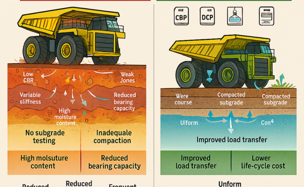 What is the role of subgrade characterization and compaction in long-term haul road performance?