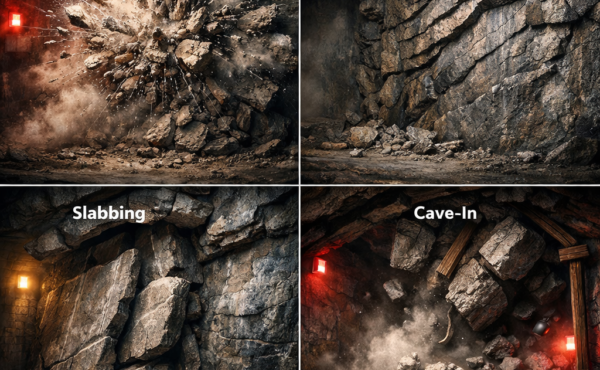 Types of ground failure in underground excavations: rock bursts, spalling, slabbing, and cave-ins