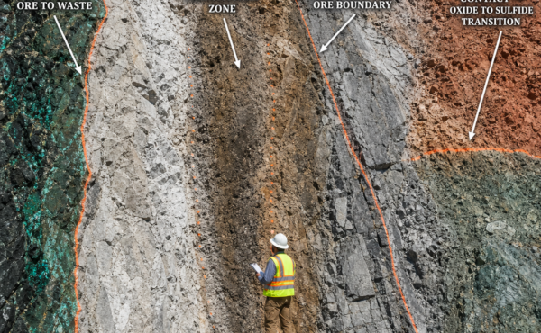 What is the significance of the ore-waste boundary contact and how is it determined in the field?
