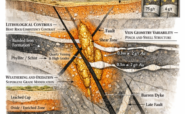 What geological factors cause grade variability in a gold ore body and how is this managed in mining?