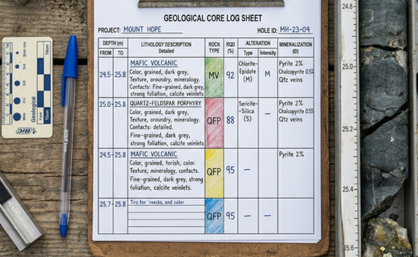 How do you interpret a drill core log to determine ore continuity and grade distribution?