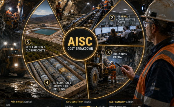 How is an all-in sustaining cost (AISC) calculated and why is it the preferred cost metric in gold mining?