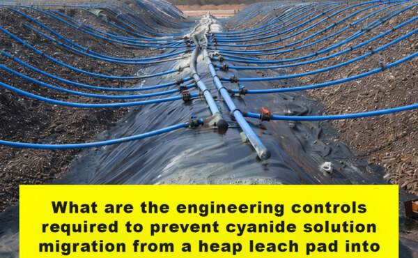 What are the engineering controls required to prevent cyanide solution migration from a heap leach pad into surrounding groundwater?