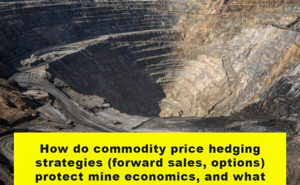 How do commodity price hedging strategies (forward sales, options) protect mine economics, and what are the risks of over-hedging?