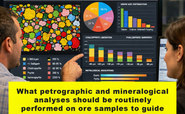 What petrographic and mineralogical analyses should be routinely performed on ore samples to guide metallurgical test work programmes?