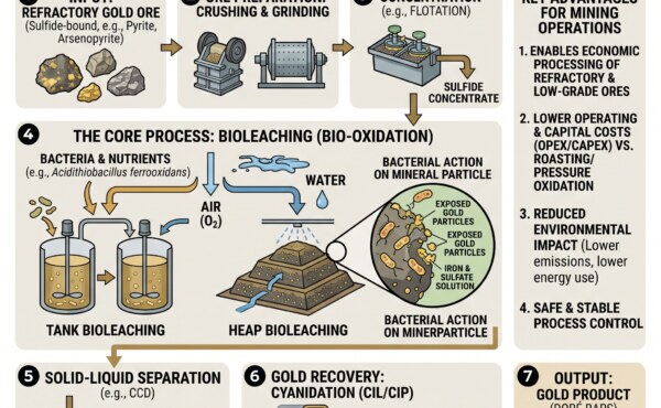 How is bioleaching research advancing for low-grade, refractory copper and gold ores?